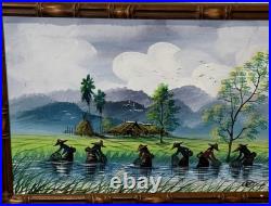 Vintage O. Huli Signed Southeast Asian Rice Field Painting 15x20 Bamboo Frame