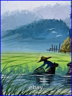 Vintage O. Huli Signed Southeast Asian Rice Field Painting 15x20 Bamboo Frame