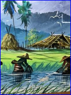 Vintage O. Huli Signed Southeast Asian Rice Field Painting 15x20 Bamboo Frame