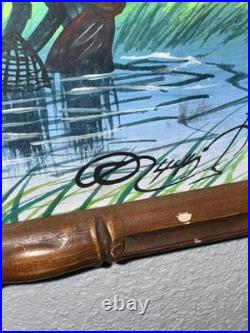 Vintage O. Huli Signed Southeast Asian Rice Field Painting 15x20 Bamboo Frame