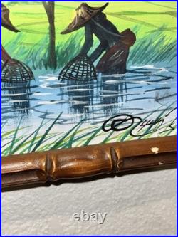 Vintage O. Huli Signed Southeast Asian Rice Field Painting 15x20 Bamboo Frame