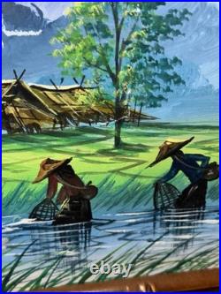 Vintage O. Huli Signed Southeast Asian Rice Field Painting 15x20 Bamboo Frame