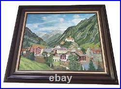 Vintage Oil Canvas Painting Swiss Alps Village Folk Art Signed Bonnie Zimmerman