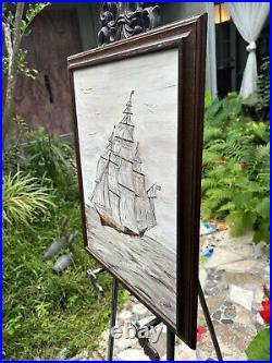 Vintage Oil Nautical Folk Art Painting Clipper Ship in Rough Sea Signed, Framed