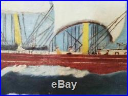 Vintage Oil Painting Antique Clipper Ship Schooner Folk Art Nautical Boat aafa