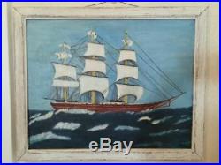 Vintage Oil Painting Antique Clipper Ship Schooner Folk Art Nautical Boat aafa