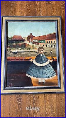 Vintage Oil Painting Folk Art Girl Dress Mexican Courtyard Scene Agapito Labios