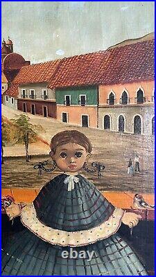 Vintage Oil Painting Folk Art Girl Dress Mexican Courtyard Scene Agapito Labios