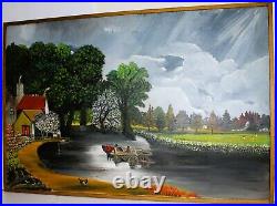 Vintage Oil Painting On Canvas Signed J Wasserman American Folk Art Naive Farm
