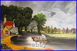 Vintage Oil Painting On Canvas Signed J Wasserman American Folk Art Naive Farm