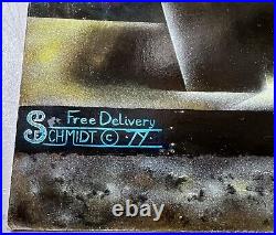 Vintage Oil on Board Surrealist Painting of Pizza Shop And Delivery Signed Art