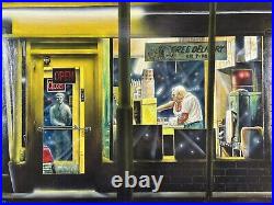 Vintage Oil on Board Surrealist Painting of Pizza Shop And Delivery Signed Art