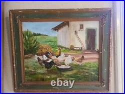 Vintage Oil on Canvas Chickens on the farm American Folk Art Oil Painting