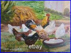 Vintage Oil on Canvas Chickens on the farm American Folk Art Oil Painting