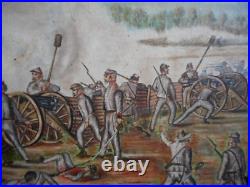 Vintage Oil on Canvas Folk Art Painting of Confederate Artillery Battle Scene