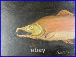 Vintage Oil on Cardboard Folk Art Americana Sockeye Salmon Fish Painting Signed