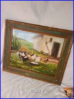 Vintage Oil on canvas- Chickens forging -Antique Frame- Decorative Cottage Art
