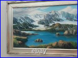 Vintage Old Antique Beautiful Oil Painting Alaska mountain Lake Glacier Tundra