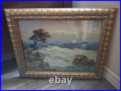 Vintage Old Beautiful Windswept Tree on California Coastline Framed Painting