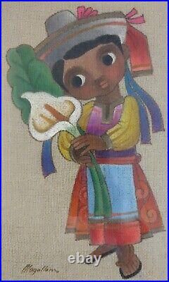 Vintage Old Mexican Modern Folk Art Burlap Painting Set Signed Framed Boy Girl