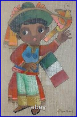 Vintage Old Mexican Modern Folk Art Burlap Painting Set Signed Framed Boy Girl