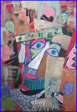 Vintage Ooak Abstract Cubist Whimsical Portrait Figurative Collage Painting Vintage Ooak Abstract Cubist Whimsical Portrait Figurative Collage Painting