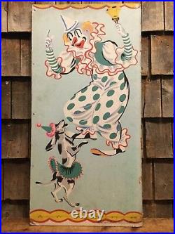 Vintage Original Circus Carnival Clown Dog Folk Art Painted Sign Panel 30x15