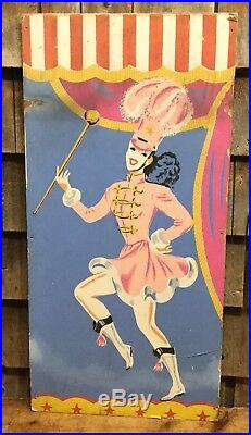 Vintage Original Circus Carnival Majorette Folk Art Painted Sign Panel 30x15