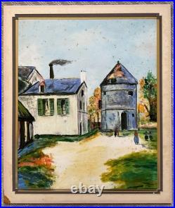 Vintage Original European Village Landscape Oil Painting on Panel Naive Folk Art