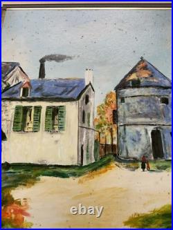 Vintage Original European Village Landscape Oil Painting on Panel Naive Folk Art