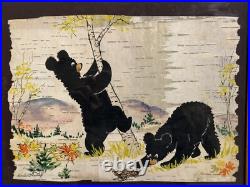 Vintage Original Folk Art Mixed Media Ink & Watercolor Painting Birch Bark Bears