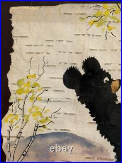 Vintage Original Folk Art Mixed Media Ink & Watercolor Painting Birch Bark Bears