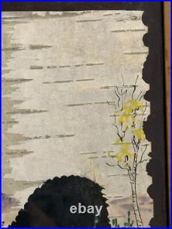 Vintage Original Folk Art Mixed Media Ink & Watercolor Painting Birch Bark Bears