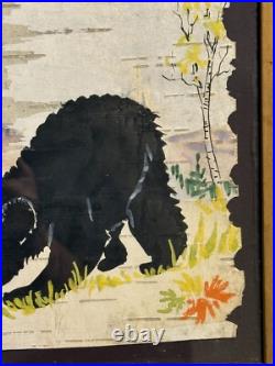 Vintage Original Folk Art Mixed Media Ink & Watercolor Painting Birch Bark Bears