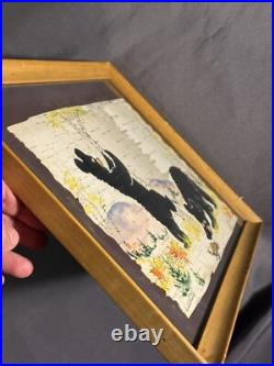 Vintage Original Folk Art Mixed Media Ink & Watercolor Painting Birch Bark Bears
