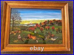 Vintage Original Folk Art Oil Painting Signed Autumn Birds Cottages 19x25.5