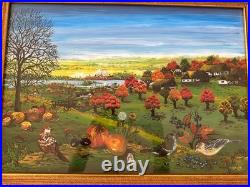 Vintage Original Folk Art Oil Painting Signed Autumn Birds Cottages 19x25.5