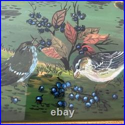 Vintage Original Folk Art Oil Painting Signed Autumn Birds Cottages 19x25.5