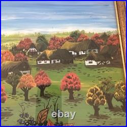 Vintage Original Folk Art Oil Painting Signed Autumn Birds Cottages 19x25.5