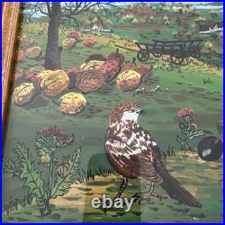 Vintage Original Folk Art Oil Painting Signed Autumn Birds Cottages 19x25.5
