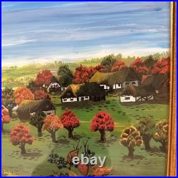Vintage Original Folk Art Oil Painting Signed Autumn Birds Cottages 19x25.5
