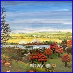 Vintage Original Folk Art Oil Painting Signed Autumn Birds Cottages 19x25.5