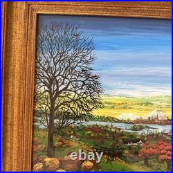 Vintage Original Folk Art Oil Painting Signed Autumn Birds Cottages 19x25.5
