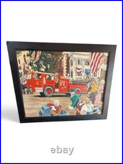 Vintage Original Folk Art Painting Americana Parade Fire Truck Chief Womack