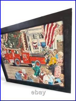 Vintage Original Folk Art Painting Americana Parade Fire Truck Chief Womack