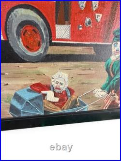 Vintage Original Folk Art Painting Americana Parade Fire Truck Chief Womack