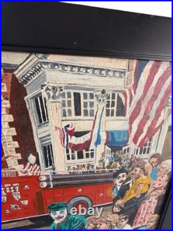 Vintage Original Folk Art Painting Americana Parade Fire Truck Chief Womack