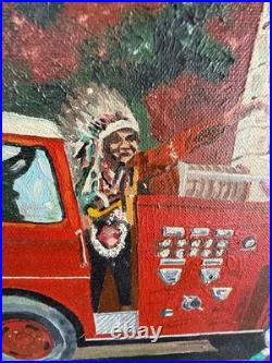 Vintage Original Folk Art Painting Americana Parade Fire Truck Chief Womack