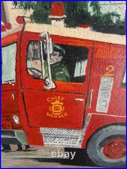 Vintage Original Folk Art Painting Americana Parade Fire Truck Chief Womack