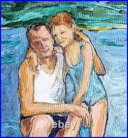 Vintage Original Folk Art Painting Father Daughter Hugging On Beach Seascape